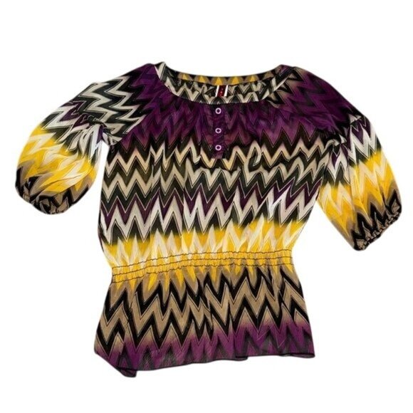 Chevron Pattern Purple & Yellow Peasant Blouse With 3/4 Sleeves & Button Detail - Picture 1 of 9